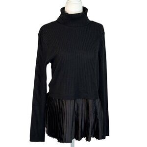 NINE WEST Size M Women Black Ribbed Knit Top With Pleated Satin Hem & Turtleneck
